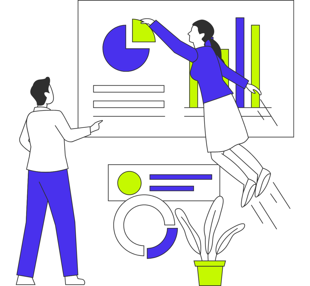 Ilustración de análisis de gráficos y colaboración estratégica en marketing digital