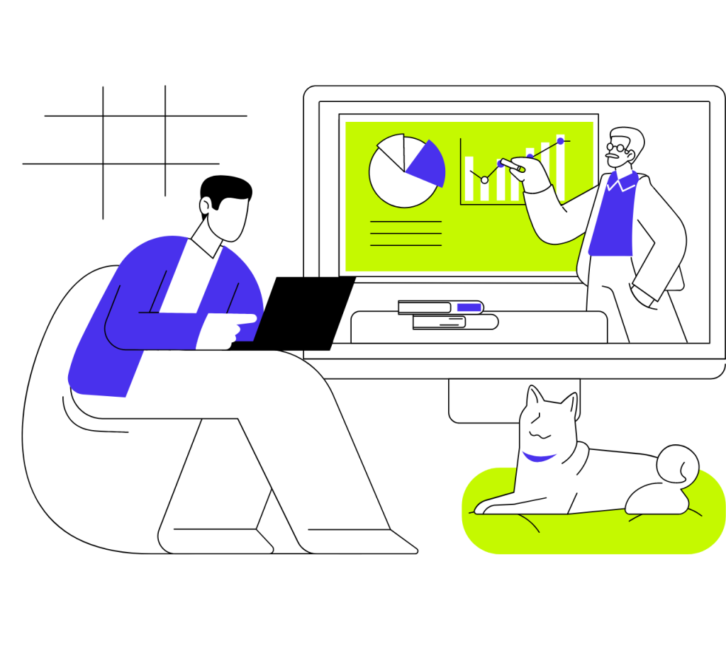 Ilustración de formación online y análisis digital con gráficos y portátil