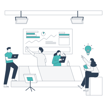 Ilustración de una auditoría digital con equipo analizando gráficos, estrategia online y resultados de marketing.