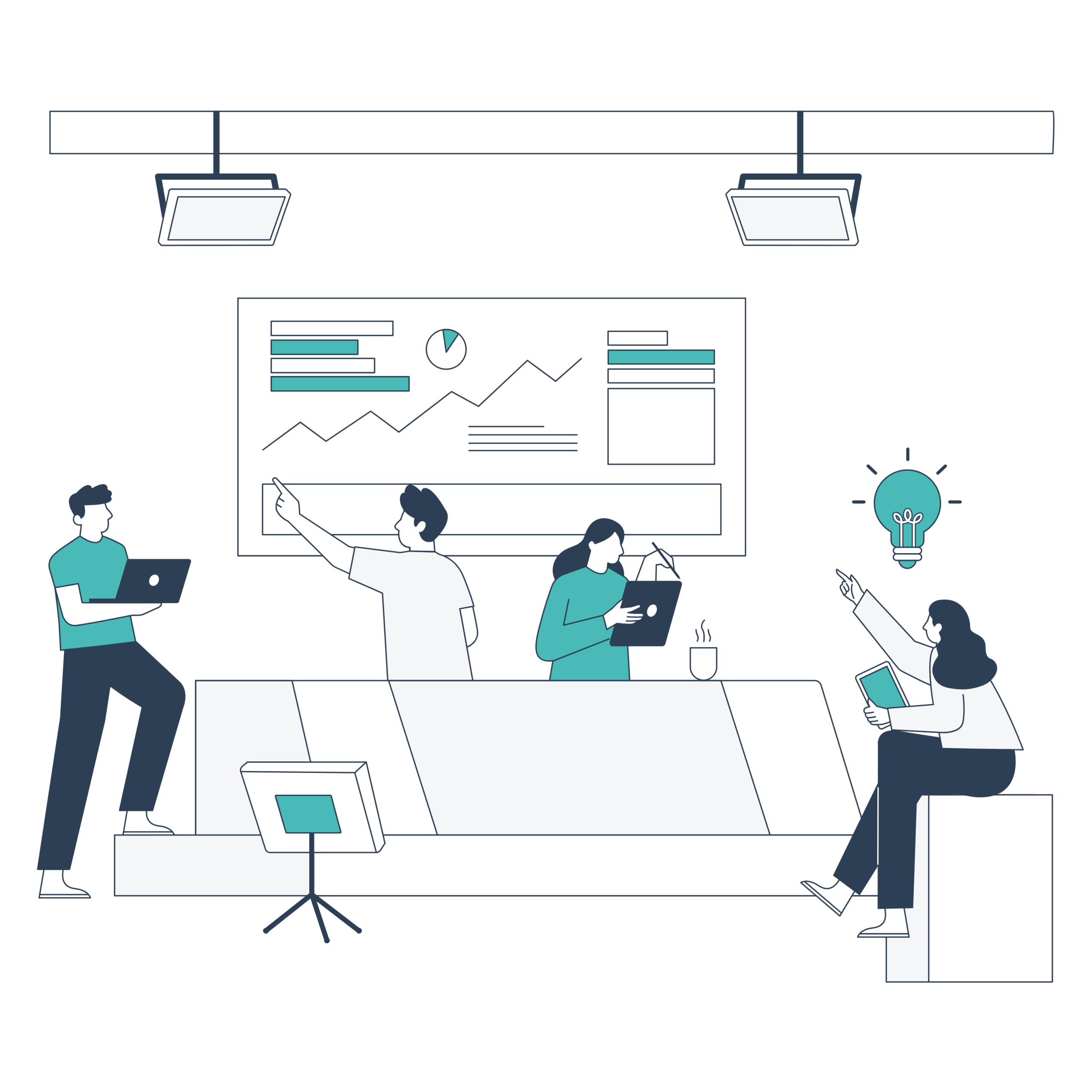 Ilustración de una auditoría digital con equipo analizando gráficos, estrategia online y resultados de marketing.