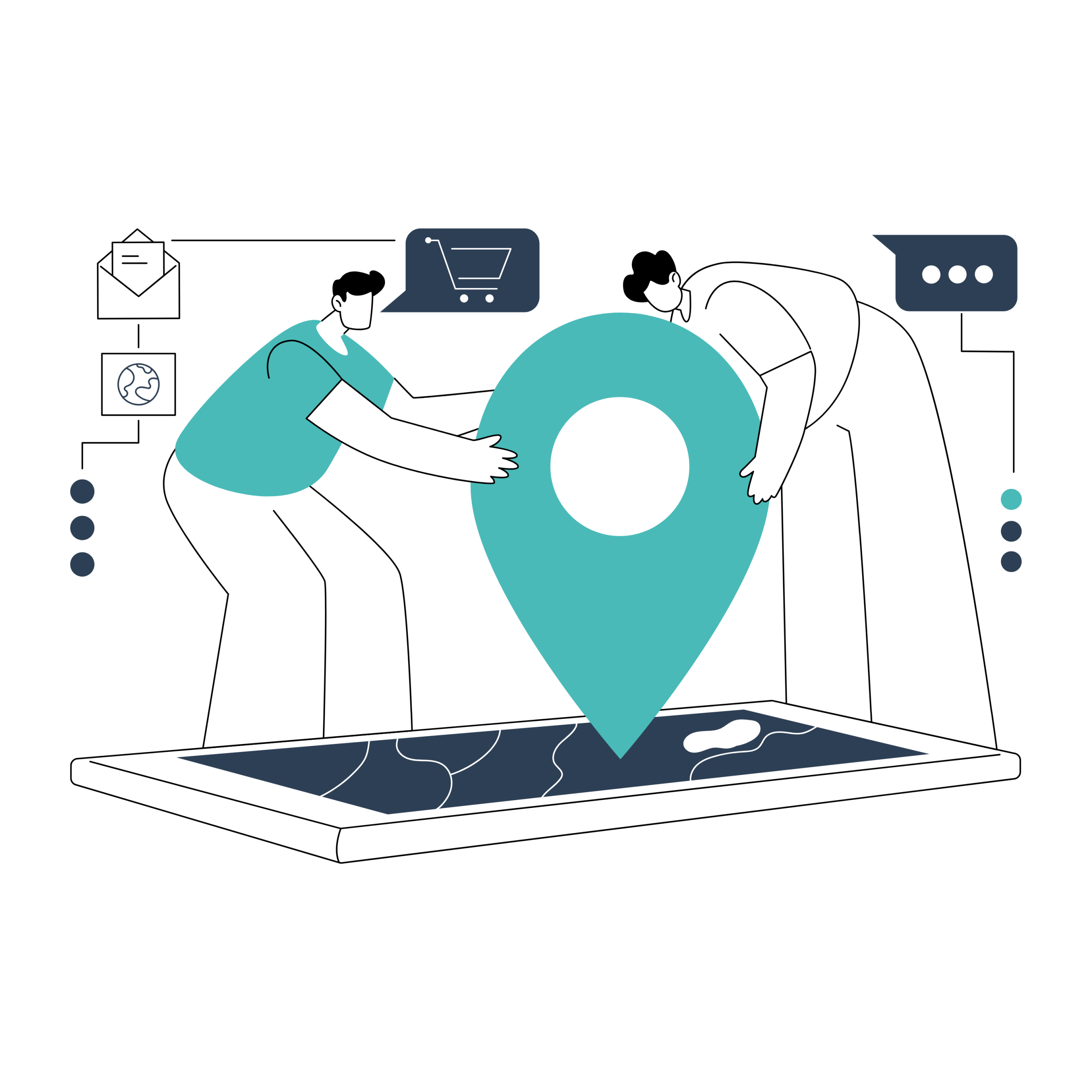 Ilustración de SEO local con personas colocando un marcador de ubicación sobre un mapa digital.