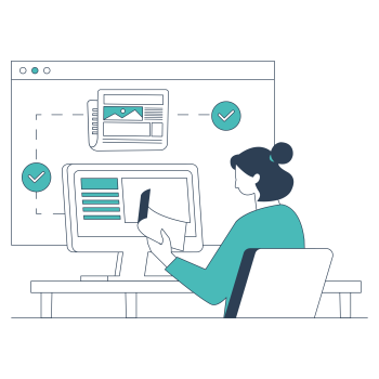 Ilustración de una profesional revisando el diseño de una página web para pymes con elementos visuales de aprobación y estructura digital.
