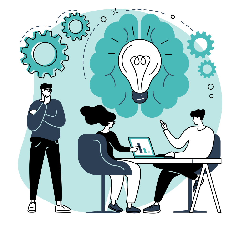 Ilustración de equipo trabajando en estrategia digital con bombilla, engranajes y análisis de resultados para un negocio.
