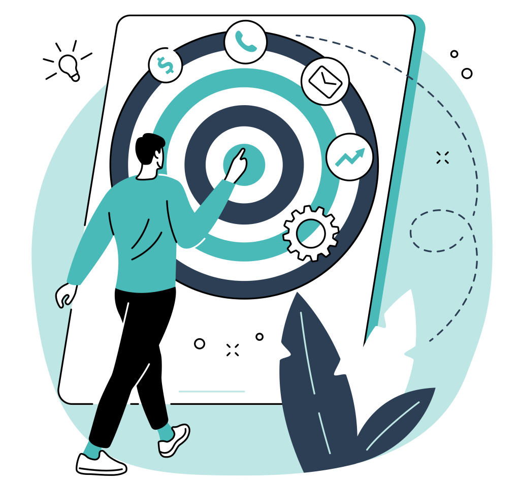 Ilustración de estrategia digital con diana, objetivos de marketing, iconos de contacto, crecimiento y captación de clientes.