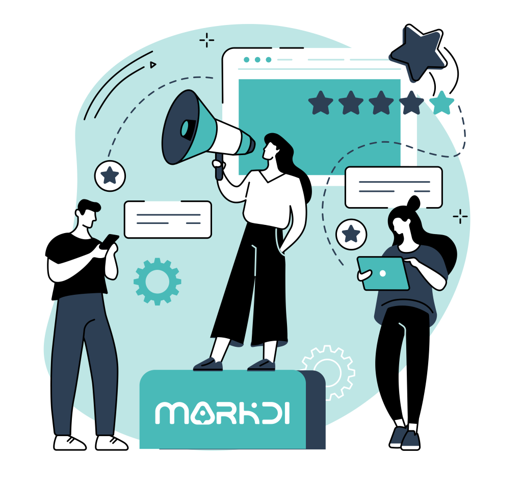 Ilustración de marketing digital con equipo gestionando comunicación online, reputación, contenido y estrategia SEO para Markdi.
