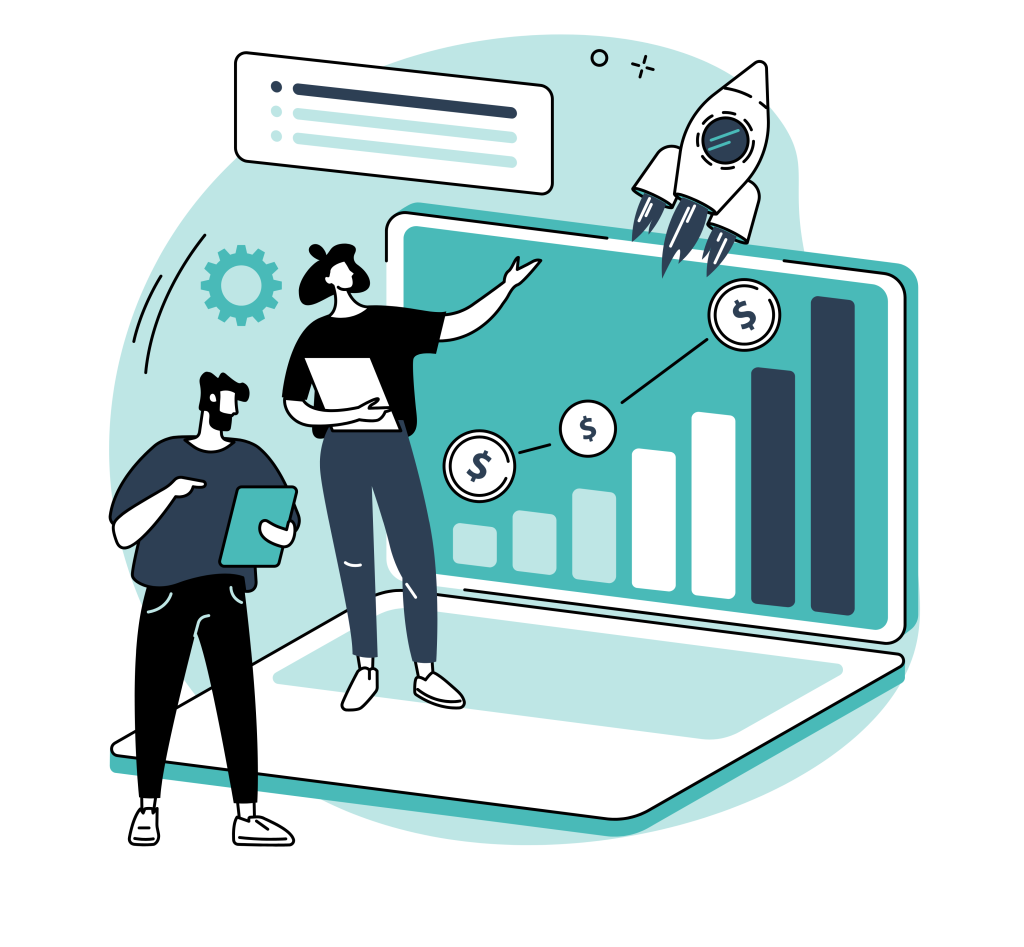 Ilustración de estrategia de marketing digital con gráficos de crecimiento, cohete y análisis de resultados para impulsar una marca.