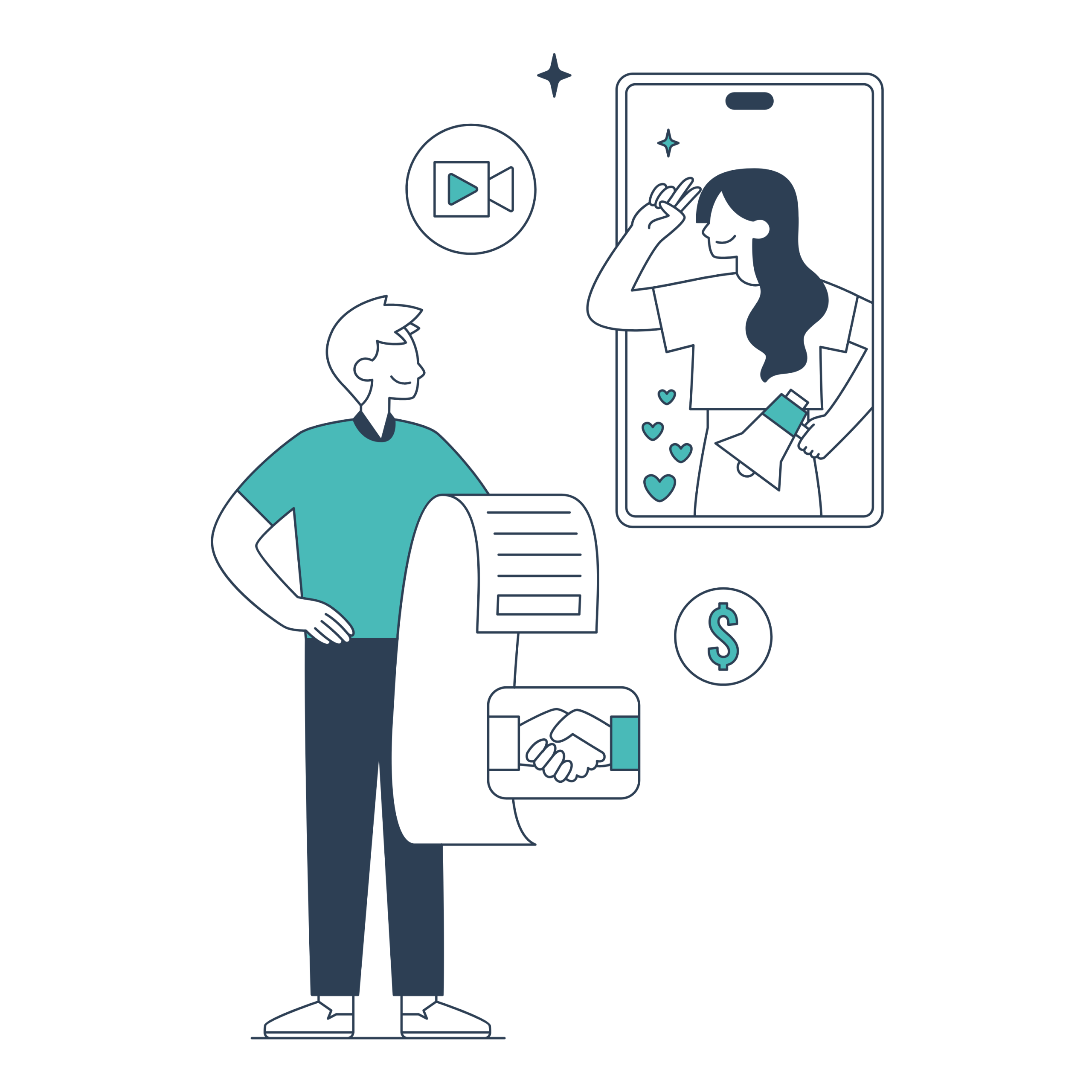 Ilustración de una estrategia de redes sociales con creadora de contenido, móvil, vídeo, interacción y colaboración comercial.