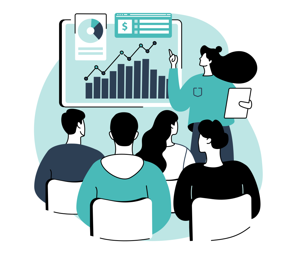 Ilustración de presentación de resultados digitales con gráficos, análisis de datos y equipo revisando estrategias de marketing.