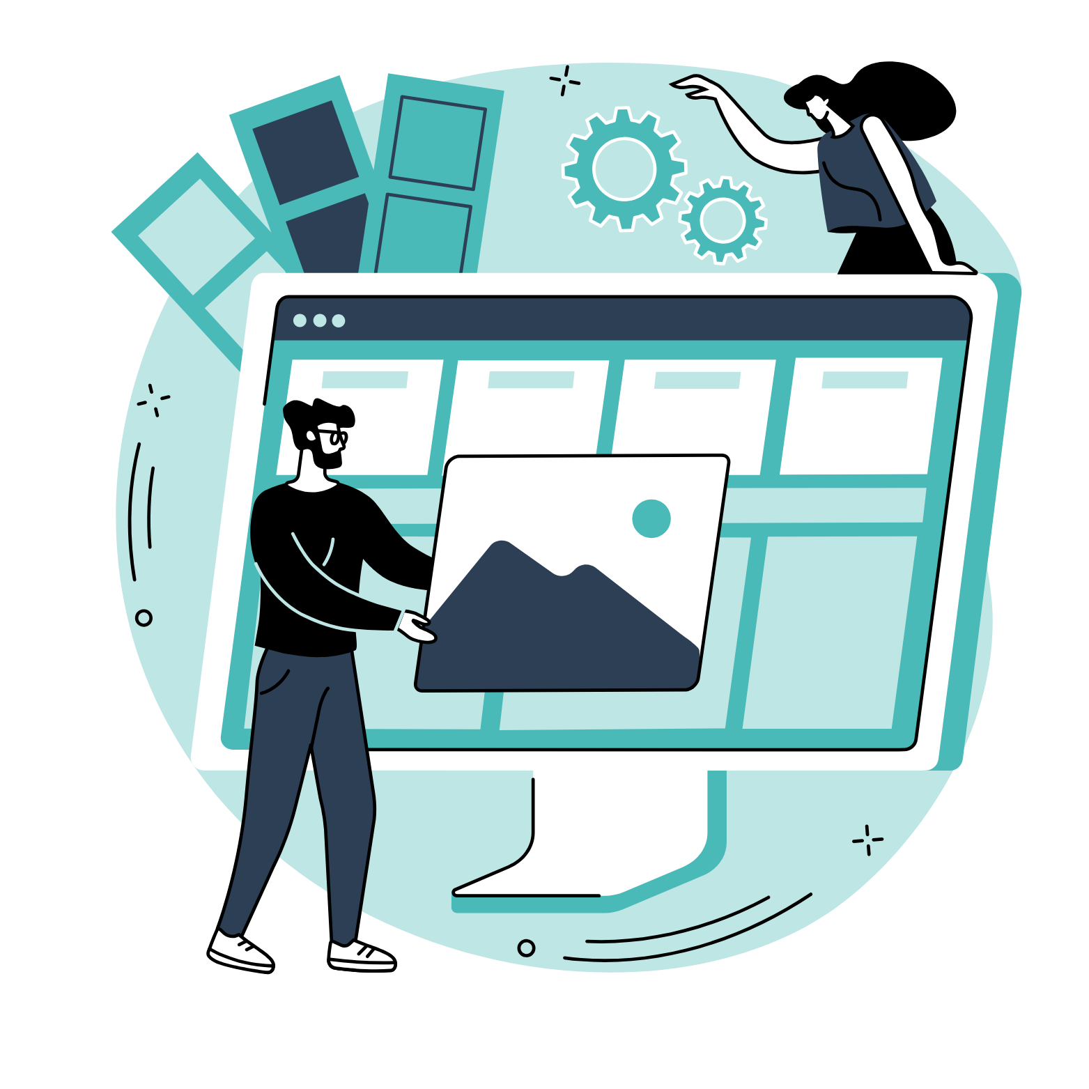 Ilustración de diseño web profesional con creación de una página visual y estructura digital para negocios.