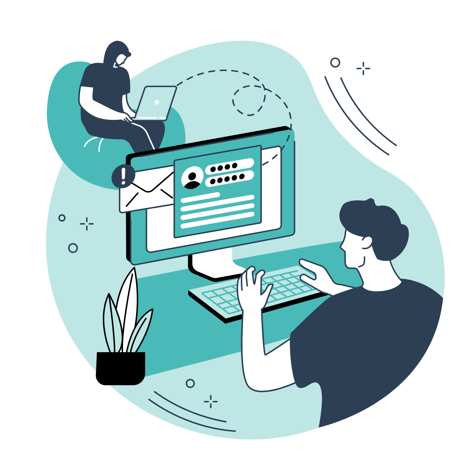 Ilustración de email marketing con ordenador, mensaje digital y usuario gestionando comunicaciones online.