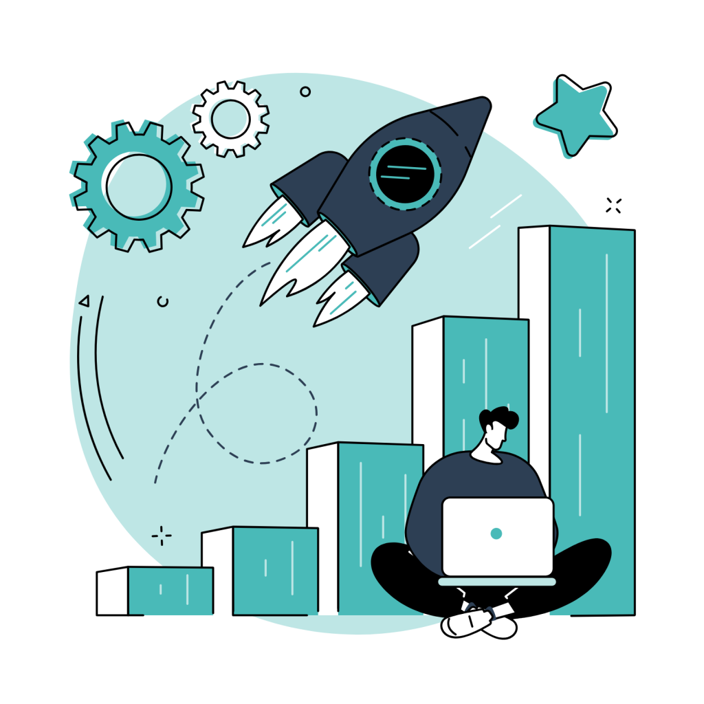 Ilustración de estrategia de marketing digital con gráficos de crecimiento, cohete y análisis de resultados.