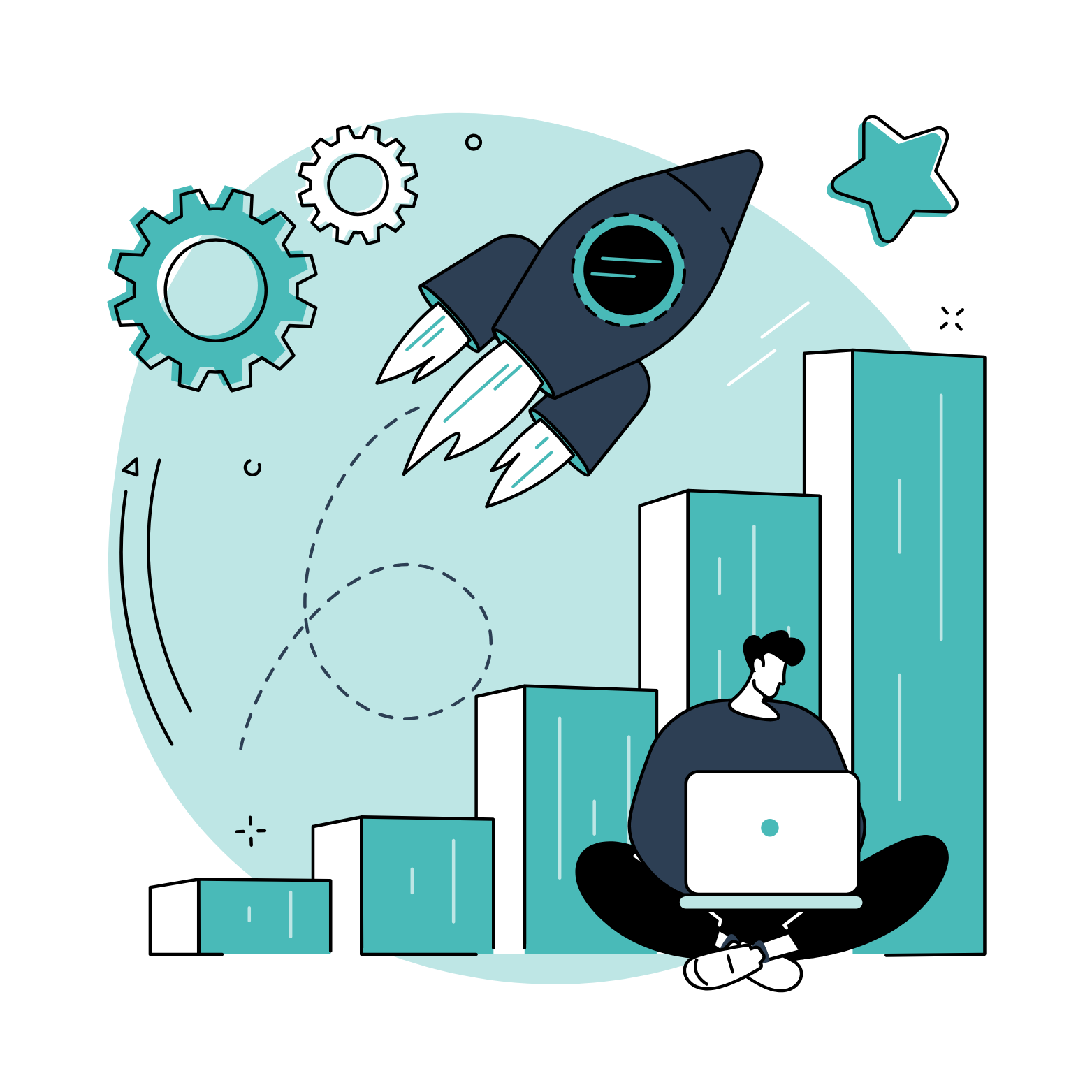 Ilustración de estrategia de marketing digital con gráficos de crecimiento, cohete y análisis de resultados.