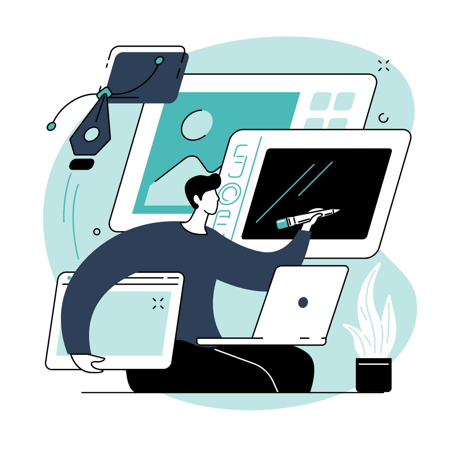 Ilustración de identidad visual y branding con diseñador trabajando en elementos gráficos, colores y composición de marca.