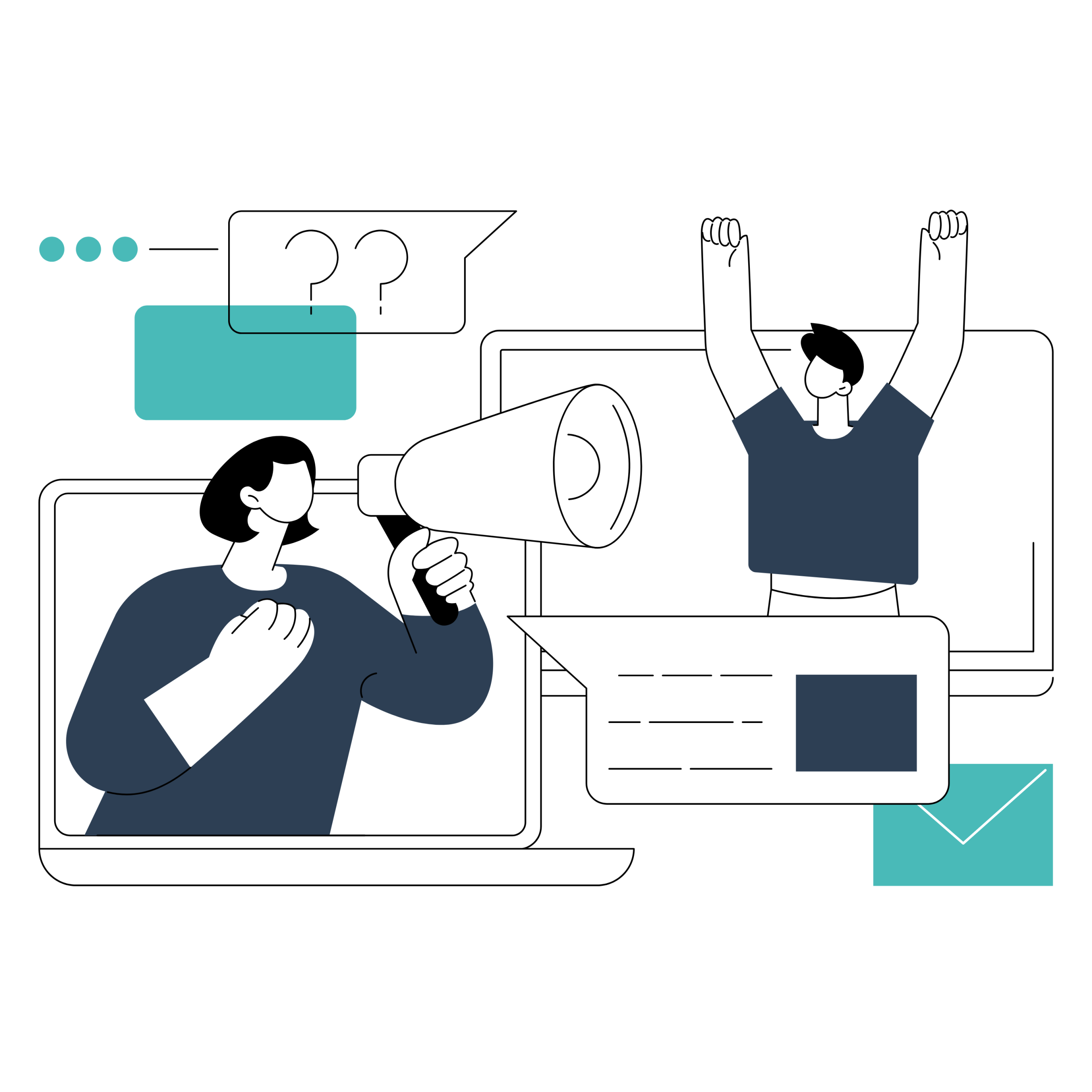 Ilustración de comunicación digital con personas usando megáfono, mensajes online y elementos de email marketing.