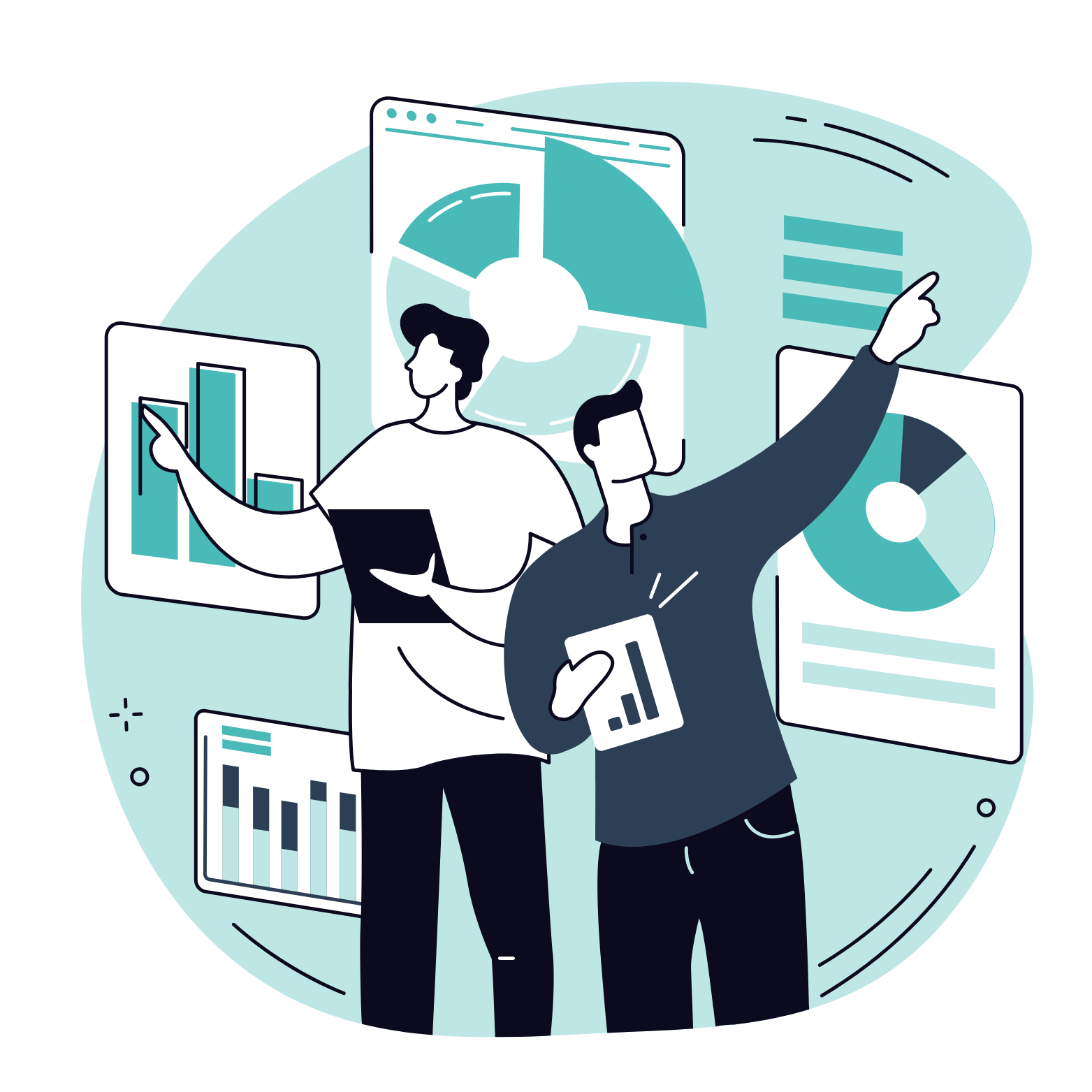 Ilustración de SEO y SEM con análisis de gráficos, informes digitales y estrategia de posicionamiento online.