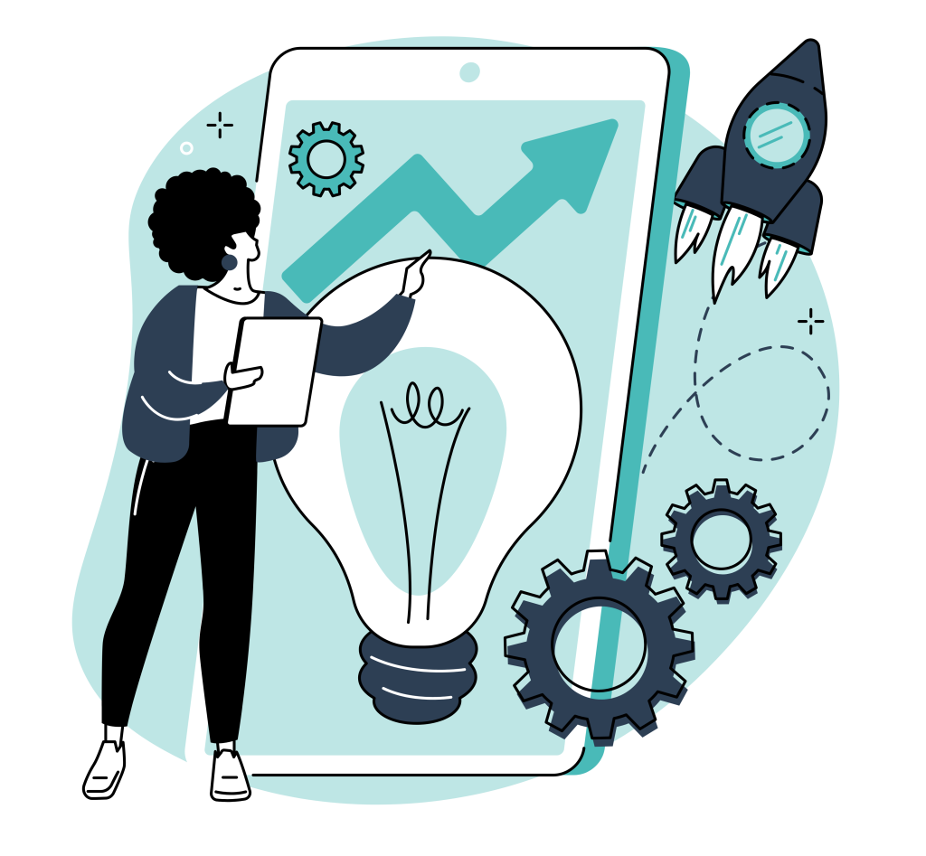 Ilustración de marketing digital con bombilla, gráfico de crecimiento, cohete y engranajes representando estrategia y desarrollo online.